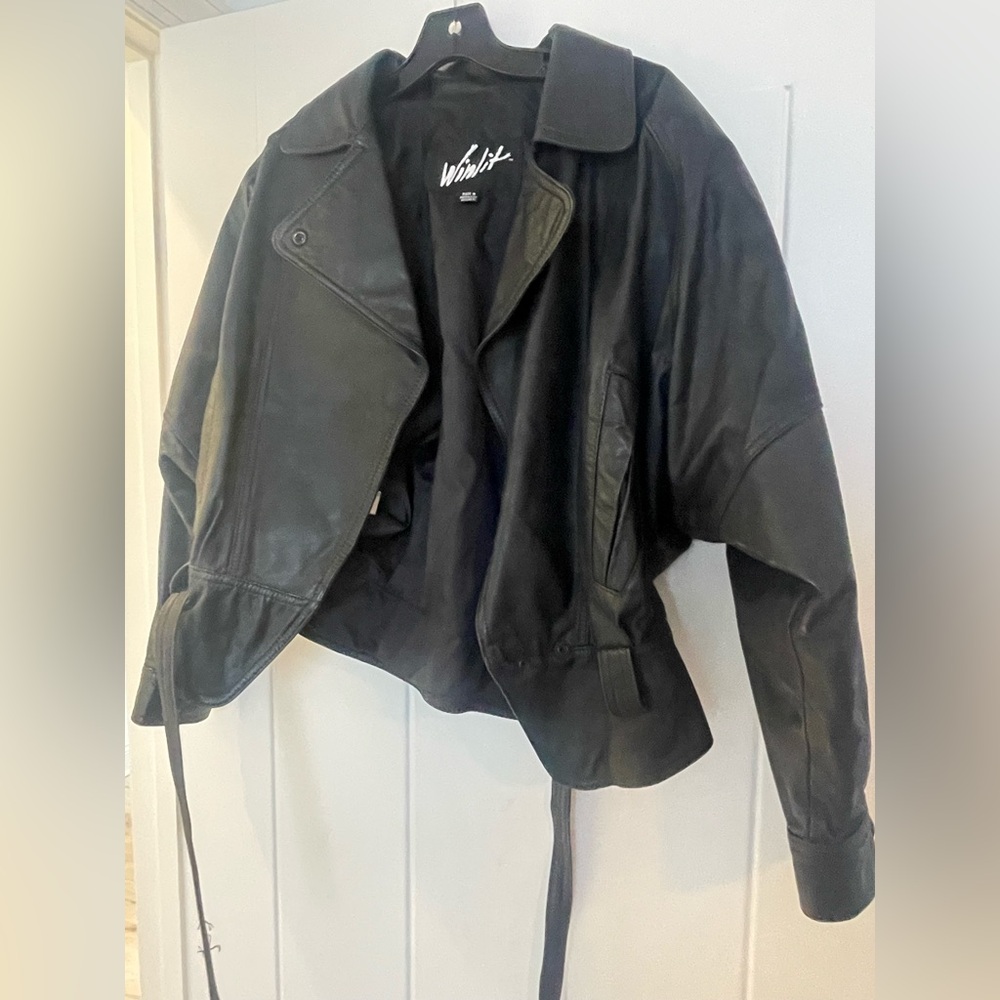 Vintage Padded Shoulder Leather Tie Jacket